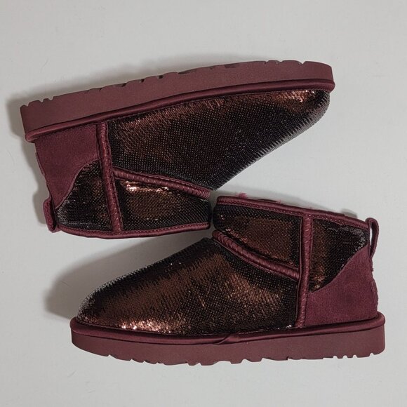 NEW UGG Classic Ultra Mini Mirror Ball Boots Womens 7 Wild Grape Sequin Fur - Picture 2 of 10